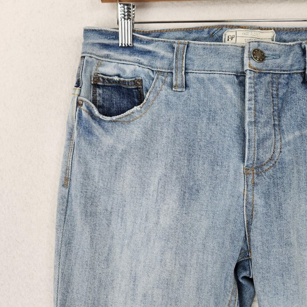 Free People Jeans Women 29 Blue Mid Rise Tapered Patchwork Raw Hem Stretch Denim - Picture 2 of 13